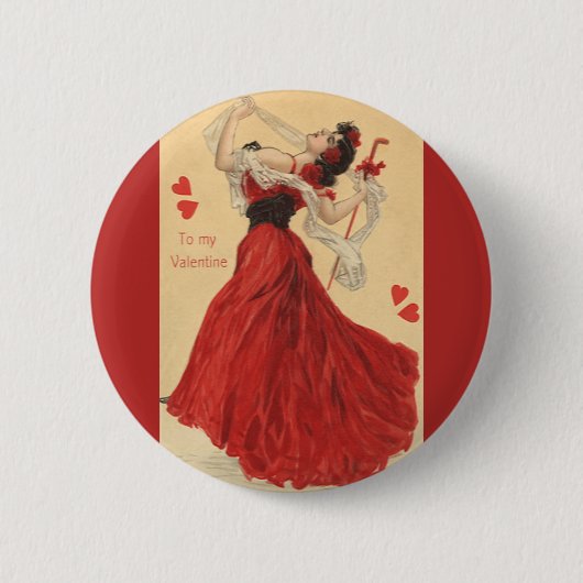 Vintager Valentinstag, Dancing Lady Red Hearts Button (Vorderseite)