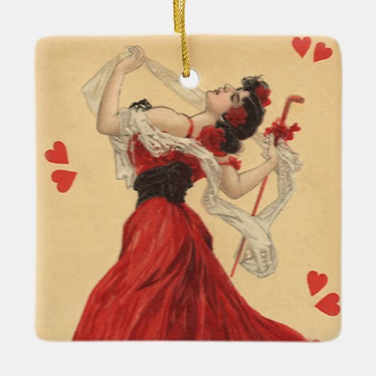 Vintager Valentinstag, Dancing Lady Red Hearts Keramikornament (Vorderseite)