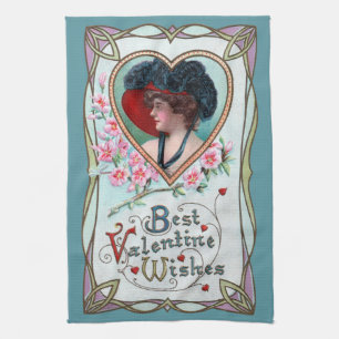 Vintager Valentinstag, Elegante Frau im Herzen Geschirrtuch