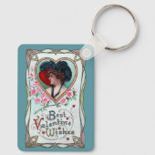 Vintager Valentinstag, Elegante Frau im Herzen Schlüsselanhänger (Rückseite)