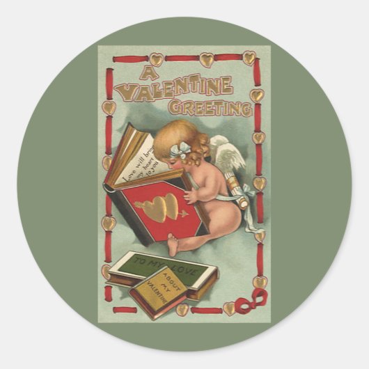 Vintager Valentinstag Engel, Cupid Reading Book Runder Aufkleber (Vorderseite)