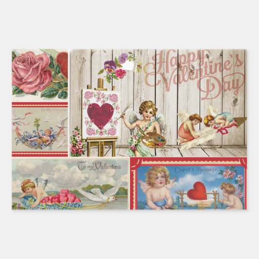 Vintager Valentinstag - Engel, Herzen Geschenkpapier Set (Vorderseite 3)