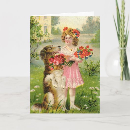 Vintager Valentinstag Girl and Dog Feiertagskarte (Vorderseite)