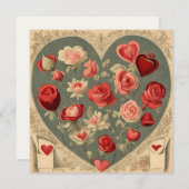 Vintager Valentinstag Herz mit Rose Feiertagskarte (Vorne/Hinten)