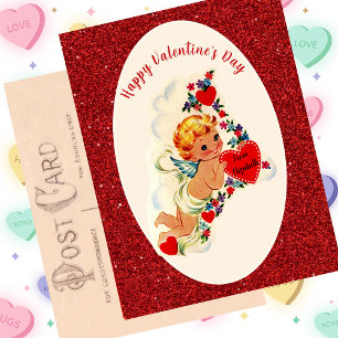 Vintager Valentinstag-Karte Roter Cupid-Glitzer Postkarte