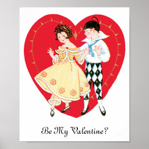 Vintager Valentinstag, Mädchen, Harlequin und Herz Poster