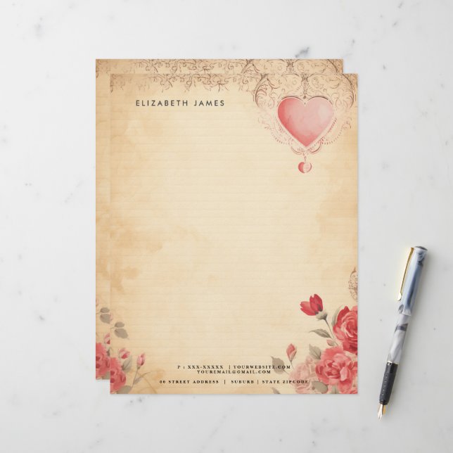 Vintager Valentinstag mit Bluthochdruck personalis Briefbogen (Vorderseite/Rückseite Beispiel)