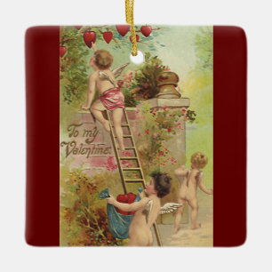 Vintager Valentinstag, Niedliche Cherubs Climb Lad Keramikornament