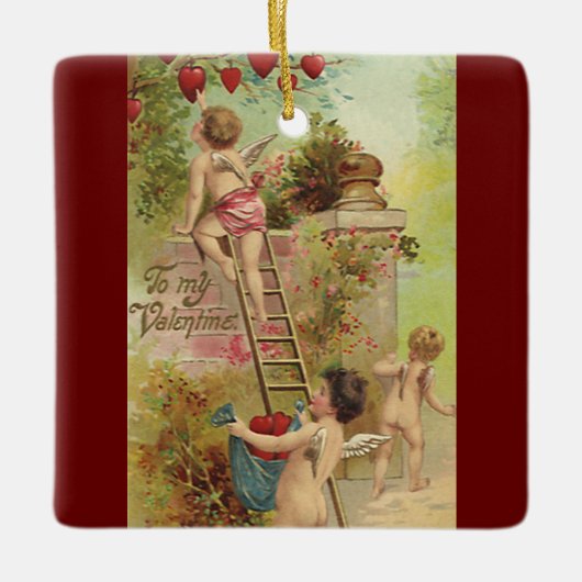 Vintager Valentinstag, Niedliche Cherubs Climb Lad Keramikornament (Vorderseite)