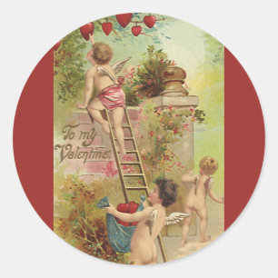 Vintager Valentinstag, Niedliche Cherubs Climb Lad Runder Aufkleber
