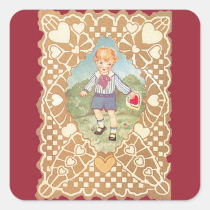 Vintager Valentinstag, Niedlicher Junge auf der Wi Quadratischer Aufkleber