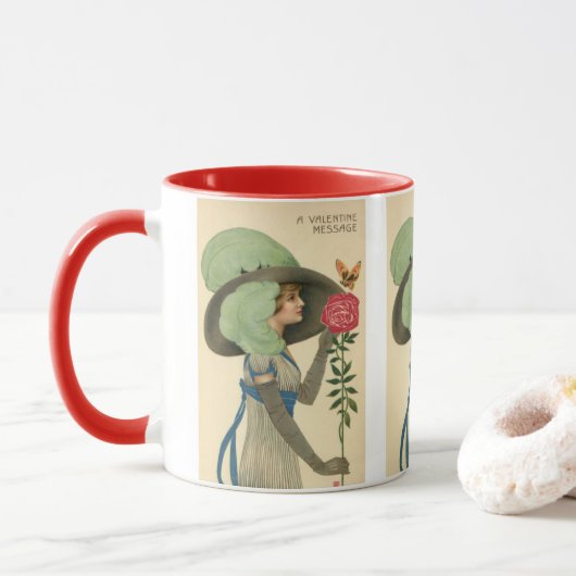 Vintager Valentinstag, Schmetterling der Lady Rote Tasse (Mit Donut)