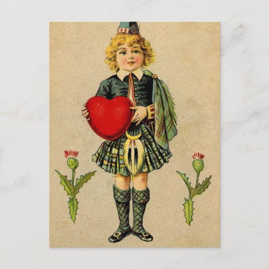 Vintager Valentinstag Schottischer Junge & Herz Feiertagspostkarte (Vorderseite)