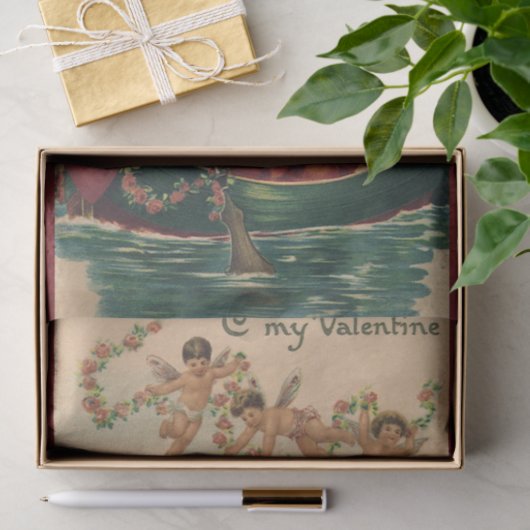 Vintager Valentinstag, Viktorianische Cherubs auf  Seidenpapier (Geschenk)