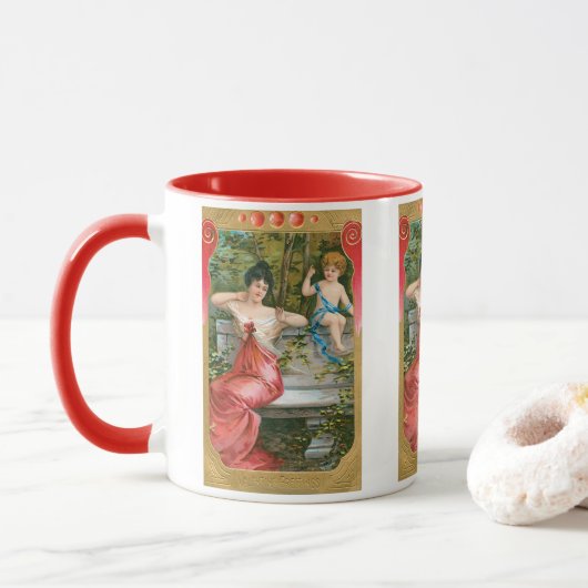 Vintager Valentinstag, Viktorianische Dame mit Che Tasse (Mit Donut)