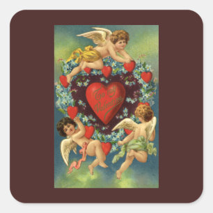 Vintager Valentinstag, Viktorianische Engel Herz Quadratischer Aufkleber