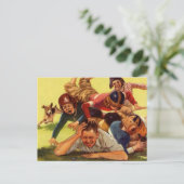 Vintager Vatertag, Fußballkinder und Familienhund Postkarte (Stehend Vorderseite)