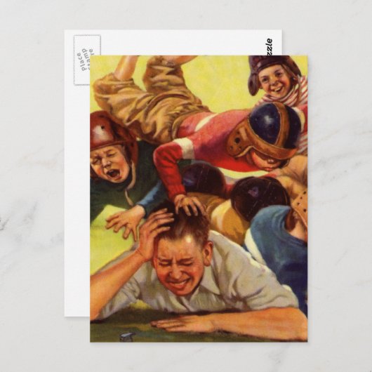 Vintager Vatertag, Fußballkinder und Familienhund Postkarte (Vorne/Hinten)