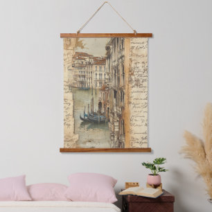 Vintager Venedig-Kanal mit handgeschriebener Schri Wandteppich Mit Holzrahmen