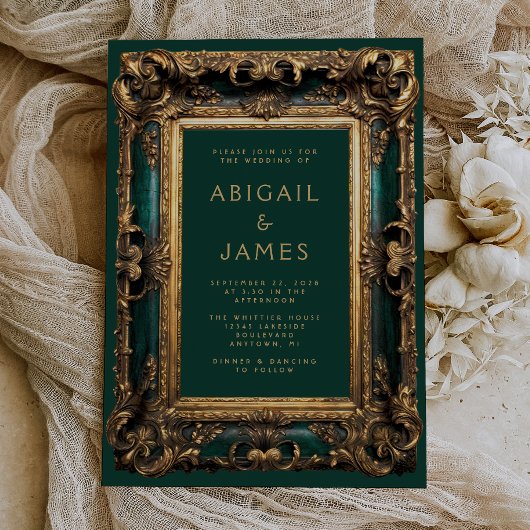 Vintager Verzierter Rahmen Emerald Green Gold Wedd Einladung