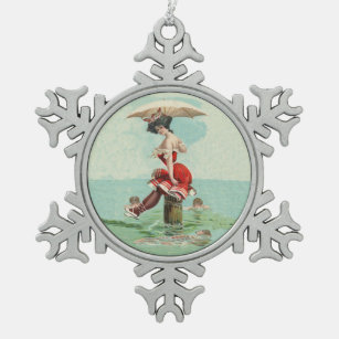 Vintager Viktorianischer Badestrand Lady Ocean Schneeflocken Zinn-Ornament