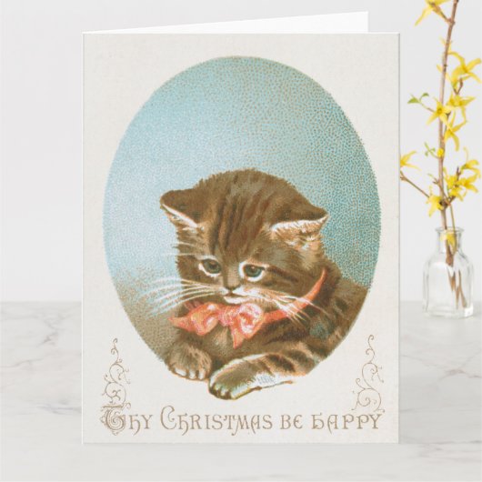Vintager Viktorianischer Coquette Weihnachtskatze Karte (Gelbe Blume)