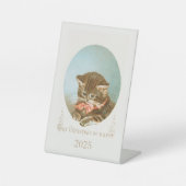 Vintager Viktorianischer Coquette Weihnachtskatze Sockelschild (Vorderseite)
