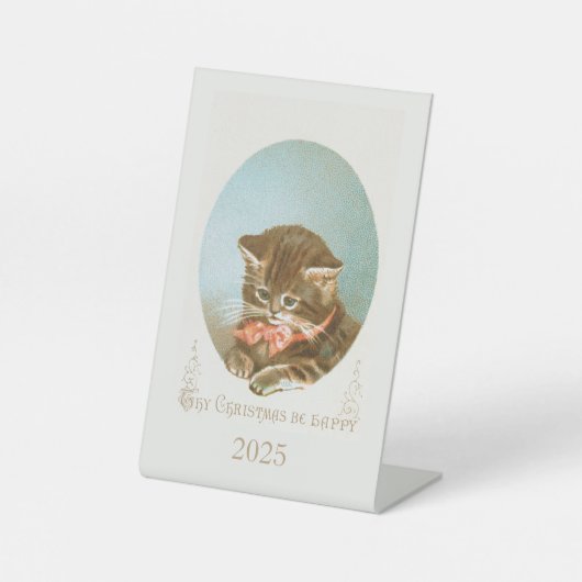 Vintager Viktorianischer Coquette Weihnachtskatze Sockelschild (Vorderseite)