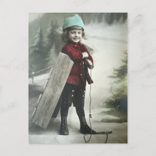 Vintager Viktorianischer Junge mit Schlitten Postkarte