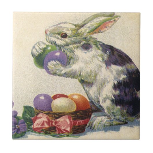 Vintager Viktorianischer Osterhase, Blume und Eier Fliese (Vorderseite)