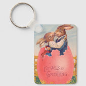 Vintager Viktorianischer Ostern Gruß zwei Bunnies Schlüsselanhänger (Vorderseite)