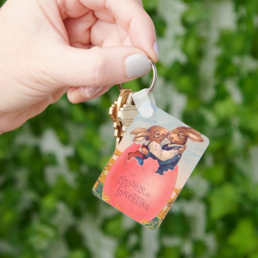 Vintager Viktorianischer Ostern Gruß zwei Bunnies  Schlüsselanhänger (Hand)