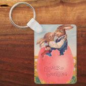 Vintager Viktorianischer Ostern Gruß zwei Bunnies Schlüsselanhänger (Vorderseite)
