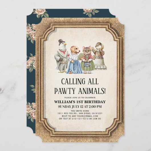 Vintager Viktorianischer Pawty Animals Junge Gebur Einladung (Vorne/Hinten)