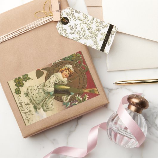 Vintager Viktorianischer Silvester Champagne Angel Rechteckiger Aufkleber (Schenken)