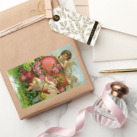 Vintager Viktorianischer Valentinstag Engel Herzli Rechteckiger Aufkleber (Schenken)