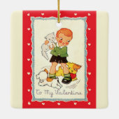 Vintager Viktorianischer Valentinstag Junge, Katze Keramikornament (Rückseite)