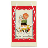 Vintager Viktorianischer Valentinstag Junge, Katze Kleine Geschenktüte (Rückseite)