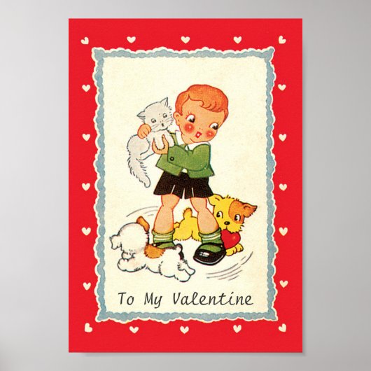 Vintager Viktorianischer Valentinstag Junge, Katze Poster (Vorne)