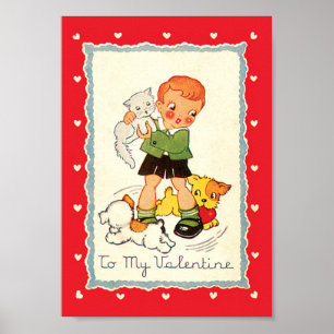 Vintager Viktorianischer Valentinstag Junge, Katze Poster
