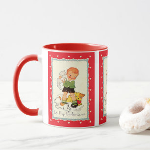 Vintager Viktorianischer Valentinstag Junge, Katze Tasse