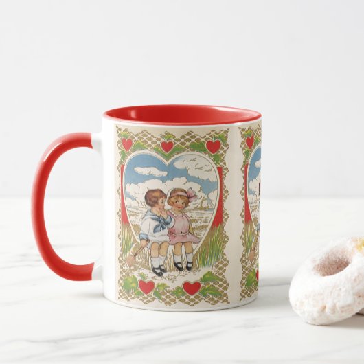 Vintager Viktorianischer Valentinstag Kinder im He Tasse (Mit Donut)