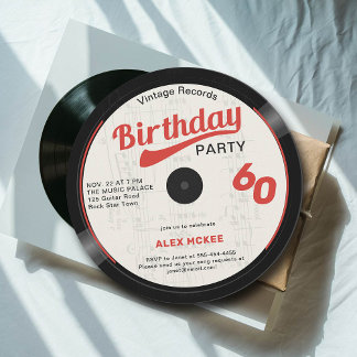 Vintager Vinyl Record Schwarz-weiß Red 60. Geburts Einladung