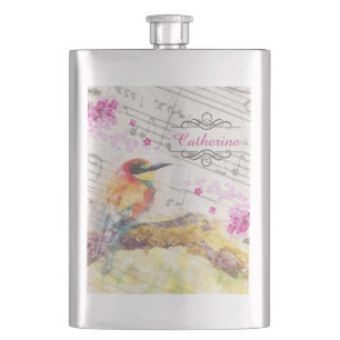 Vintager Vogel auf Baumrosa Blume entmutigen Flachmann