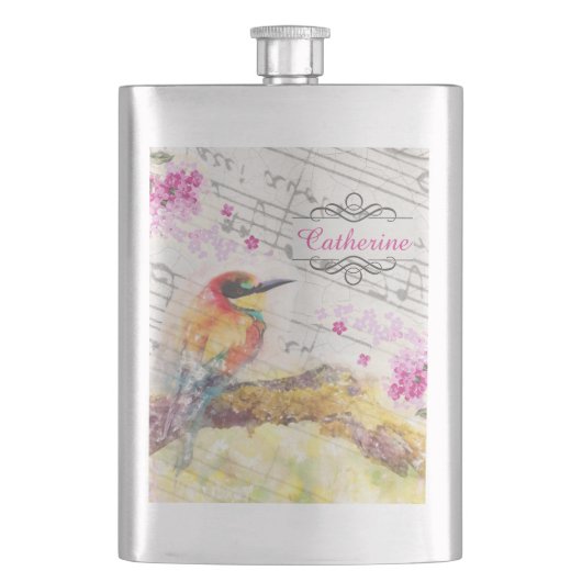 Vintager Vogel auf Baumrosa Blume entmutigen Flachmann (Vorderseite)