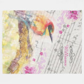 Vintager Vogel auf Baumrosa Blume entmutigen Fleecedecke (Vorderseite (Horizontal))