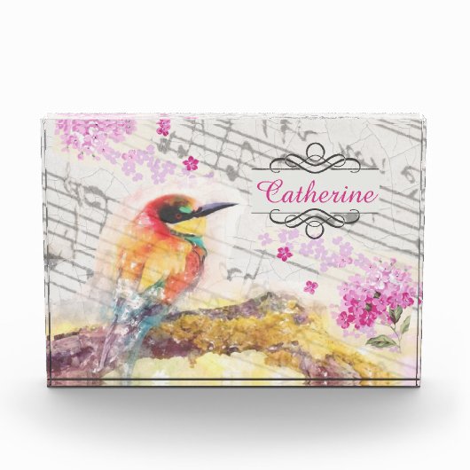 Vintager Vogel auf Baumrosa Blume entmutigen Fotoblock (Vorderseite)