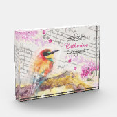 Vintager Vogel auf Baumrosa Blume entmutigen Fotoblock (Links)