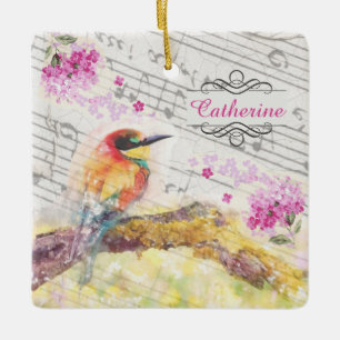 Vintager Vogel auf Baumrosa Blume entmutigen Keramikornament