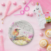 Vintager Vogel auf Baumrosa Blume entmutigen Pappteller (Party)